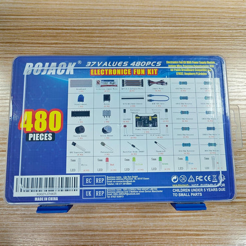 BOJACK 37 Values 480 Pcs Electronics Component Fun Kit with Power Supply Module, Jumper Wire,Precision Potentiometer,830 tie-Points Breadboard Com...