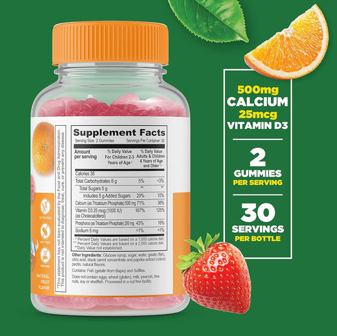 Lifeable Calcium 500 mg with Vitamin D3 1000 IU Gummies for Kids - Natural Flavor Vitamin Supplements - Gluten Free GMO-Free Chewable - for Bone, ...