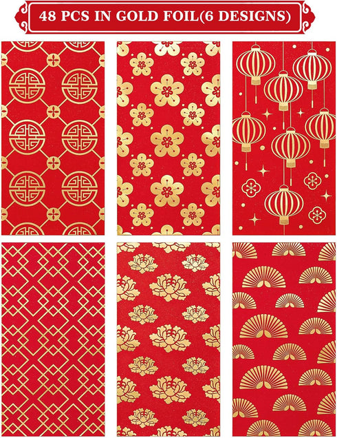 Whaline 48 Pack Chinese New Year Red Envelopes 6 Design Red Gold Foil Hong Bao Year Of The Dragon Red Envelopes 2024 Lucky Money Envelopes Red Pac...