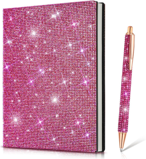 Notebook and Rhinestone Pen Sets, A5 Diamond Crystal Notebook, Crystal Pen, Bling Office Accessories (Rose Red)...
