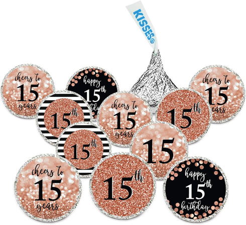 Andaz Press Glitzy Faux Rose Gold Glitter Chocolate Drop Labels, Cheers to 15 Years, Mis Quince Quinceanera 15th Birthday Anniversary, 240-Pack, N...