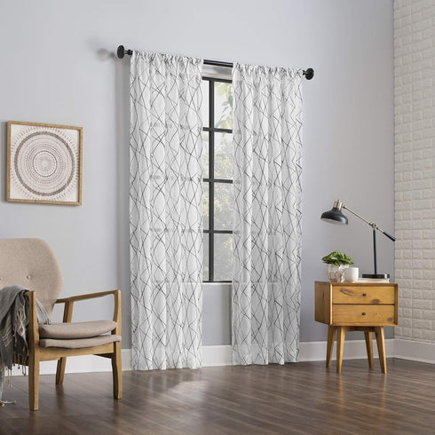 No. 918 Fraction 2-pack Mid-Century Modern Geometric Embroidery Semi-Sheer Rod Pocket Curtain Panel Pair, 50" x 84", Black...