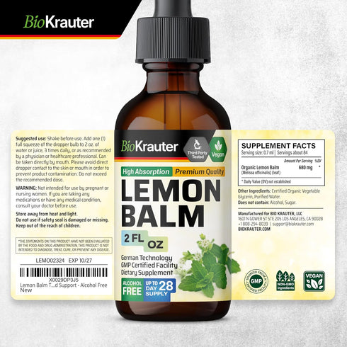BIO KRAUTER Lemon Balm Leaf Extract - Vegan Melissa Lemon Balm Tincture for Calmness Support - Sugar & Alcohol-Free - 2 Fl. Oz....