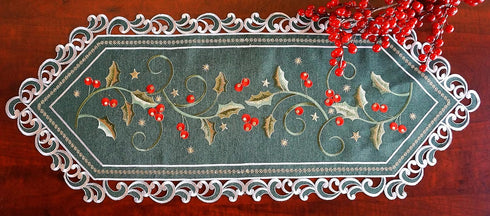 GRANDDECO Holiday Christmas Table Runner, Cutwork Embroidered Floral Holly Berry Dresser Scarf Table Topper for Home Dining Xmas Table Decorations...