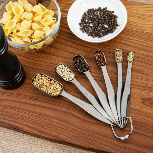Accurate 18/8 Stainless Steel Measuring Spoons, Heavy Duty Good Handle Set of 6 Measuring Spoon with Ring Connector, Dark Grey...
