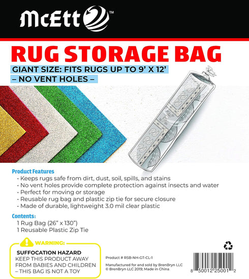Rug Storage Bag and Zip Tie - NO Vent Holes - Heavy Duty - Giant Size Fits Rugs up to 9'x12' - Protects Rolled Rugs for Moving or Storage...
