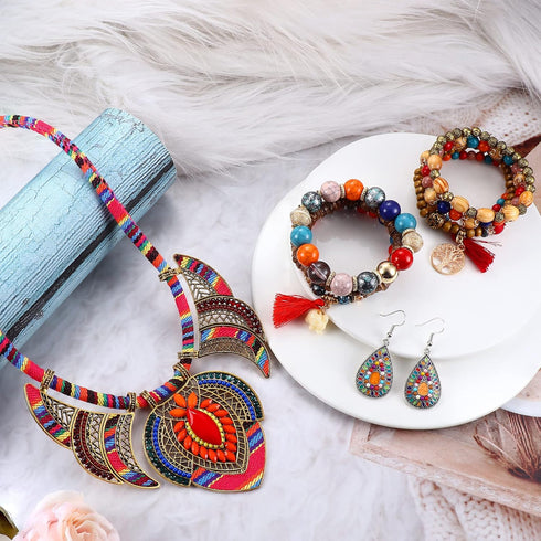 JeryWe 4 Pcs Bohemian Jewelry Set for Women Ethnic Style Costume Necklace Multilayer Boho Stretch Beaded Bracelet Vintage Boho Dangle Earrings, Cu...