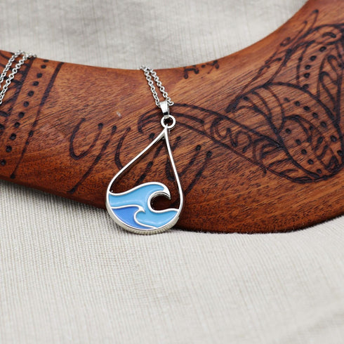 Silver Wave Necklace - Beach Jewelry for Surfers and Sea Lovers - Motivational Drop Shape Pendant with Gift Message Card...