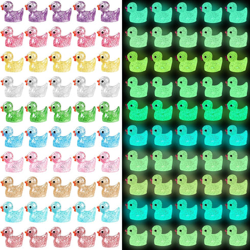 Luminous Glitter Tiny Ducks 100pcs Mini Little Resin Ducks Figures Glow in The Dark Ducks Animal to Hide Small Ducks Bulk for Dollhouse Micro Doll...