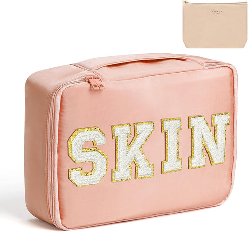 Preppy Patch SKIN Makeup Bag Large Capacity Travel Toiletry Bag with Brush Bags Cosmetic Bag Makeup Case Multifunction Organizer Make Up Bag Reusa...
