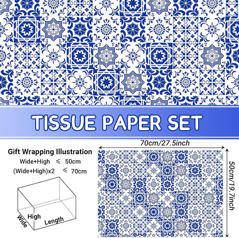 50 Sheets Moroccan Mosaic Tissue Paper,19.7 x 28 Inch Gift Wrapping Tissue Paper Blue Tiles Partern Art Tissue for Wedding Invitation Bridal Showe...