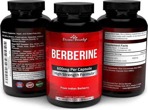 Divine Bounty Pure Berberine Complex - 600mg Per Capsule Berberine HCl Supplement - 60 Vegetarian Capsules...