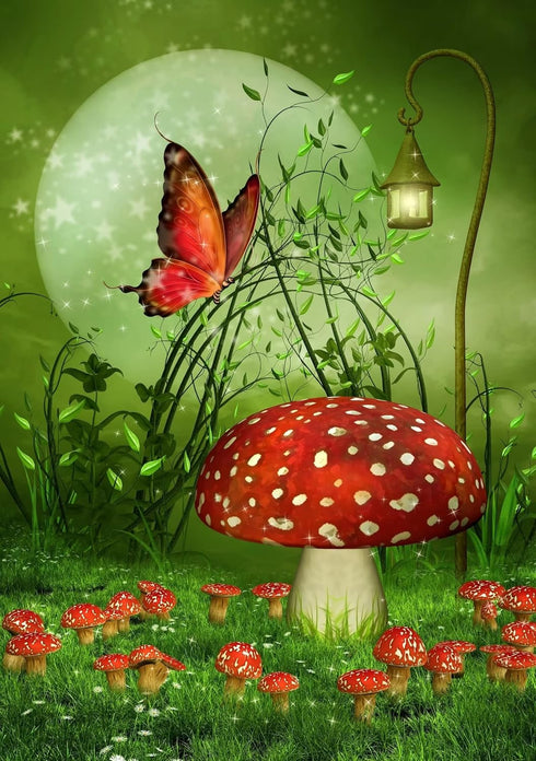 Fantasy Farm with Mushrooms Lamps Flowers Trees Moon and Butterfly House Flag 28 x 40 Inch Double Sided Garden Yard Outdoor Banner Decor...