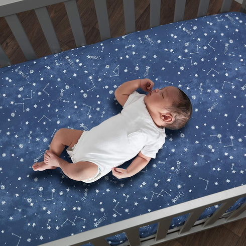Lambs & Ivy Sky Rocket Blue Stars/Galaxy/Space 100% Cotton Fitted Crib Sheet...