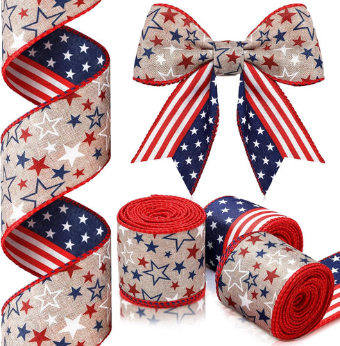 XunYee 3 Rolls Patriotic Ribbons American Flag Double Sided Star Striped Wired Ribbon Red Blue White Ribbons for Memorial Day 4th of July Independ...
