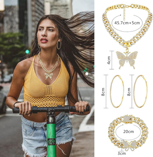 Sanfenly Cuban Link Chain Jewelry Set Bling Rhinestone Butterfly Pendant Necklace Bracelet and Crystal Large Hoop Earrings Set Silver Gold Accesso...