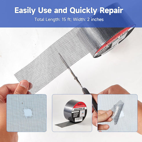 Window Screen Repair Tape, Screen Rrepair Kit for Windows or Doors Screen Repair, Strong Adhesive Screen Patch Repair Kit Mesh Repair (Black, 15 F...