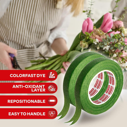XFasten Wide Floral Tapes for Bouquet 1/2-Inch x 30 Yards - Dark Green (2-Pack) Bouquet Stem Wrap Tape for Florist – Waterproof Boutineer Tape for...