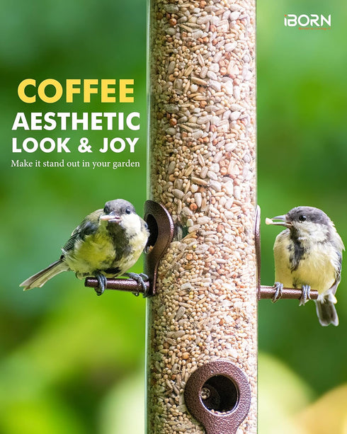 iBorn Metal Bird Feeder Hanging Wild Bird Seed Feeder for Mix Seed Blends Heavy Duty All Metal Coffee Finish,14 Inch 6 Port(Seed is not Included)...