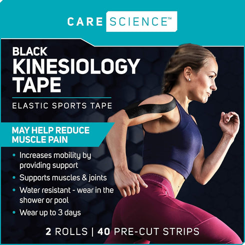 Care Science Waterproof Kinesiology Tape, 40 ct Precut Strips (2 Rolls), Black | Elastic Sports & Weightlifting Tape Supports Muscles & Joints. Wa...
