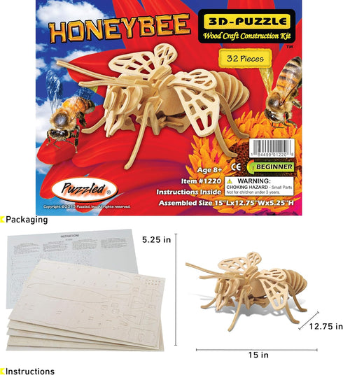 Puzzled 3D Puzzle Honeybee Wood Craft Construction Model Kit, Unique & Educational DIY Wooden Insect Toy Assemble Bee Model Unfinished Crafting Ho...