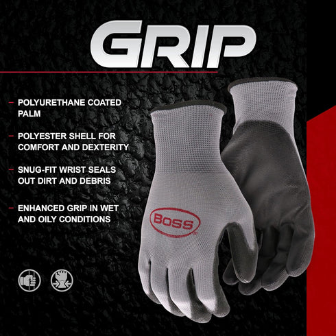 Boss Men's Grip 10-Pack Polyurethane (PU) Coated Work Gloves, Water and Chemical Resistant, Abrasion Resistant, Superior Grip, Spandex Backing, Bl...