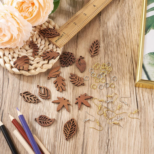 Cheriswelry Wood Leaf Earring Natural Wooden Dangle Earrings Making Kit Coconut Brown Wood Leaf Charms Brass Earring Hooks Jump Rings for Women Gi...
