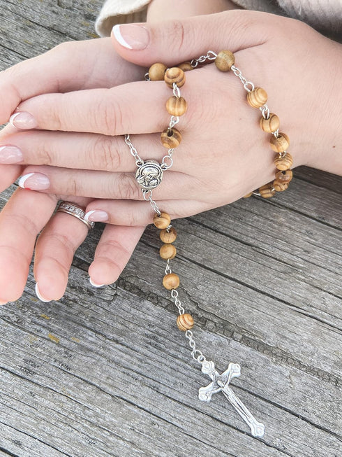 Nazareth Store Catholic Prayer Rosary Olive Wood Beads Necklace Holy Soil Medal & Metal Cross Velvet Gift Bag...