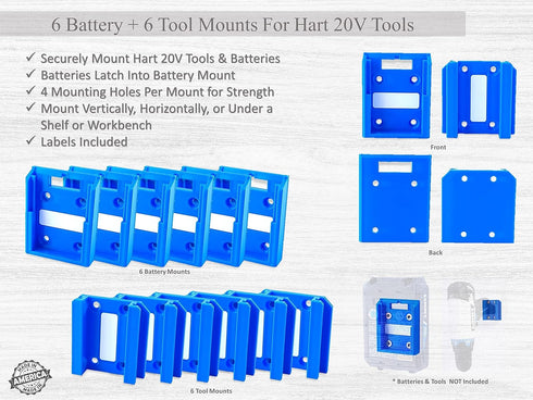For Hart 20V Cordless - Tool & Battery Mounts Hangers Holders Brackets - 12 Pack - 6 Tool + 6 Battery Mounts...