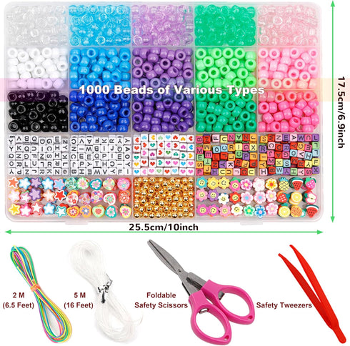 GMMA 1000 PCS Various Pony Beads Kit for Bracelet with Storage Box, Clay Flower Beads for Friendship Bracelets, Crystal Thread, Elastic String, Le...