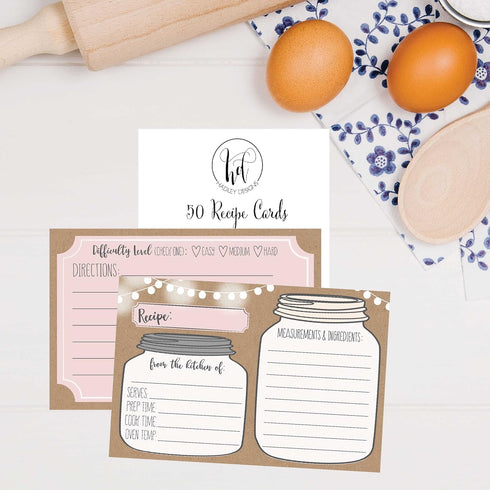 50 Double Sided Recipe Cards 4x6, Wedding Bridal Shower Card, Kraft Blank Christmas Holiday Printable Recipe Card for Binder, Cute Rustic Vintage ...