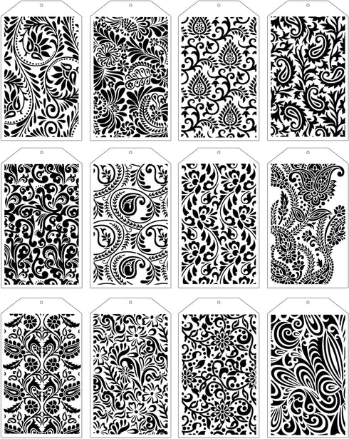 Paisley Element Stencils for Painting - 12 Pcs PET Paisley Peacock Feathers Border Pattern Reusable Stencils Templates for Painting on DIY Wood Ca...