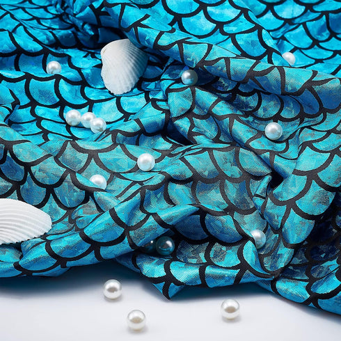 FINGERINSPIRE Mermaid Scales Fabric 39.4x59inch Dark Cyan Hologram 2 Way Stretch Fish Scale Fabric Sparkly Spandex Mermaid Printed Fish Scale Stre...