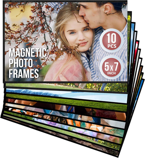 JUZARI 10 Pack 5x7 Magnetic Picture Frames for Refrigerator - Magnet Picture Frames for Fridge - Magnetic Photo Sleeves - Magnetic Photo Pockets -...