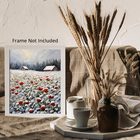 Posterizer 1 pcs-snowy winter flowers scene in oil painting style-13-Floral & Botanical Art-Landscape & Nature Art-Living Room Bedroom Decor- unfr...