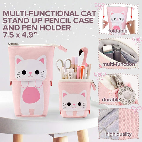 Kawaii Cute Stationary Set Pop Up Pencil Case,8 x Cat Pens,10-in-1 Multi Color Pen,2 x Stickers Cat Sticky Notes Page Markers and Fun Erasers Pack...
