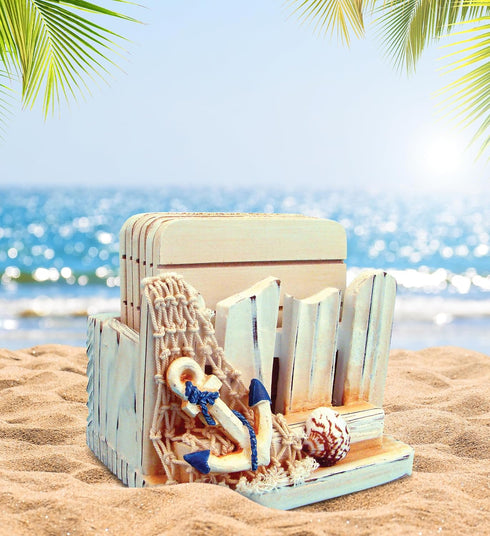COTA Global Nautical Wooden Coaster and Holder Set - Rustic Circle Coaster Set with Holder, Cute Beach Theme Drink Coasters Set for Spill and Scra...