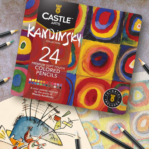 Castle Arts Themed 24 Coloured Pencil Set in Tin Box, perfect ‘Kandinsky’ inspired colours. Featuring quality, smooth coloured cores, superior ble...