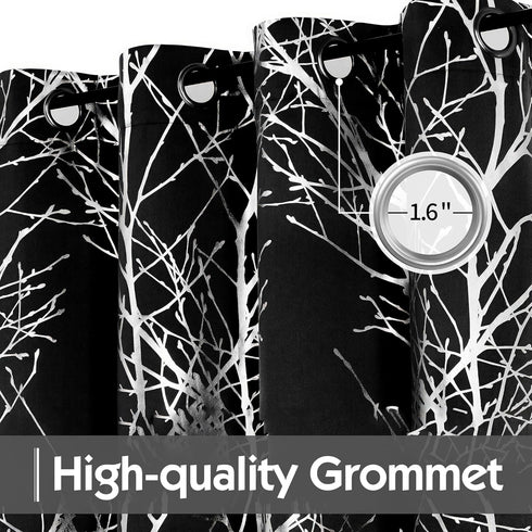 FMFUNCTEX 100% Blackout Curtains for Bedroom, Curtains 54 Inch Length Black Branch Curtains for Living Room, Silver Foil Metallic Tree Patterned P...
