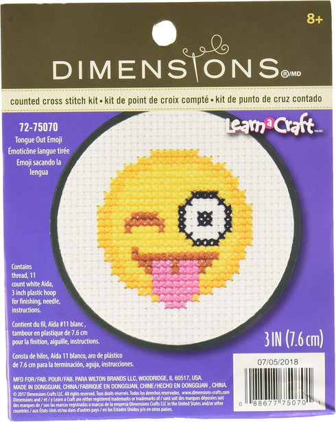 Dimensions Winking Tongue Out Emoji Mini Counted Cross Stitch Kit for Beginners, 11 Count White Aida, 3''D...