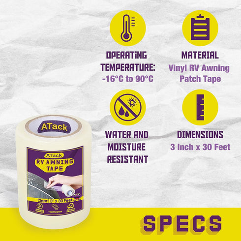 ATack RV Awning Repair Tape, 3" x 30 Foot, Waterproof Rip Stop Patch and Tent Repair Tape for Vinyl, RV punctures, Camper, Awning, Canopy, Tents, ...