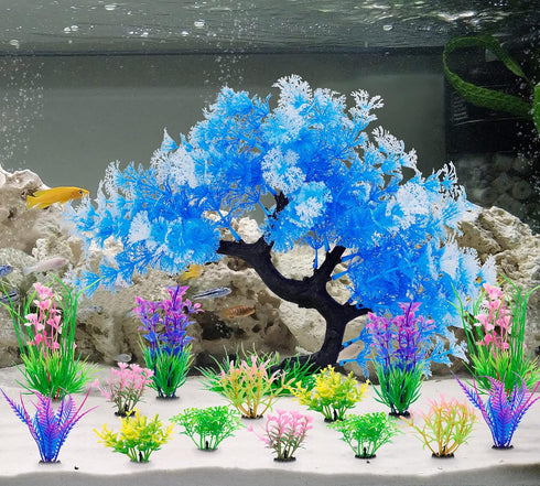 MyLifeUNIT Fish Tank Decorations, 15 Pack Artificial Aquarium Plants Tree Set for Fish Tank Decor (Bule Set)...