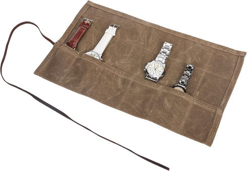 HERSENT Waxed Canvas Watch Roll Handmade Waterproof Multi-Purpose Travel Case Watch Roll-up Organizer Holds 6 Wristwatches Best Gift for Him Her B...