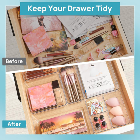 Vtopmart 25 PCS Clear Plastic Drawer Organizers Set, 4-Size Versatile Bathroom and Vanity Drawer Organizer Trays, Storage Bins for Makeup, Bedroom...