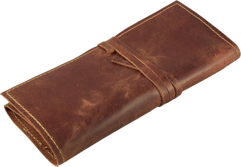 Rustic Genuine Leather Pencil Roll - Pen and Pencil Case - Dark Brown...