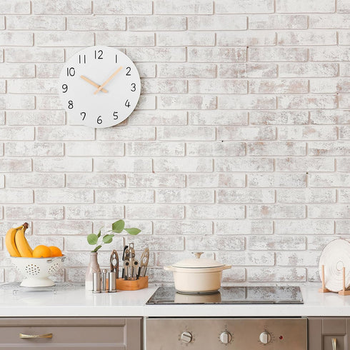 Plumeet 10'' Wooden Wall Clock Small Frameless Clocks with Silent Quartz Movement - Modern Style Village Wall Clocks Decorative Home Kitchen - Bat...