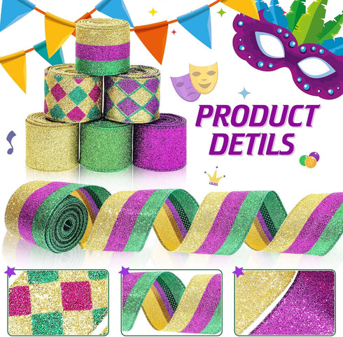 6 Rolls 30 Yards Mardi Gras Wired Edge Ribbon Purple Gold and Green Stripe Ribbon Glitter Metallic Wrapping Ribbon for Mardi Gras Masquerade Party...