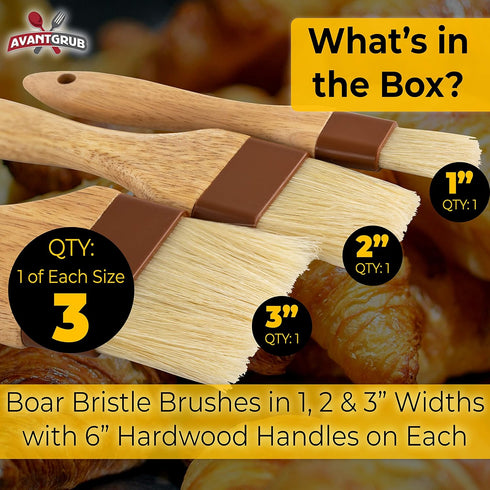 Durable, Hardwood 1, 2, 3in Boar Bristle Pastry Brush Set. Grill and Kitchen Flat Brushes for Basting Meat, Spreading Butter, BBQ Sauce or Marinad...