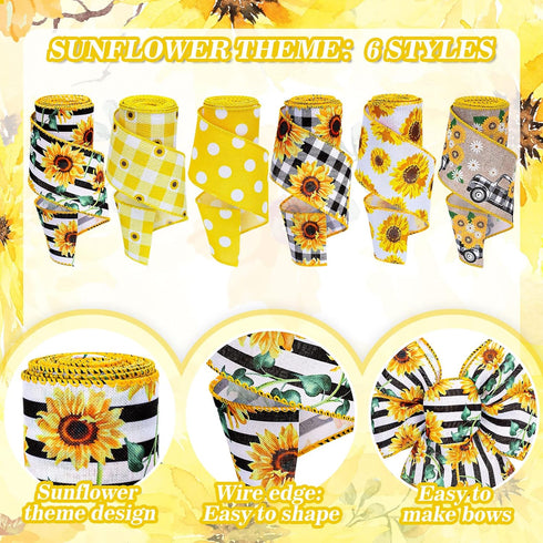 Whaline 6 Rolls Sunflower Wired Edge Ribbon 30 Yards 2.5 Inch Buffalo Plaids Flower Truck Fabric Ribbon Spring Summer Floral Decorative Craft Ribb...