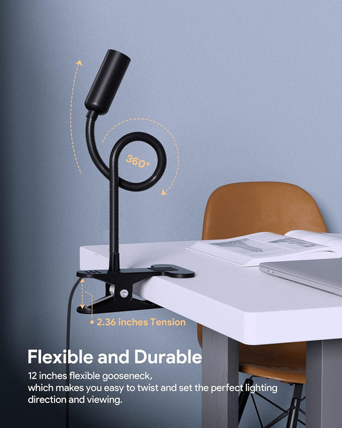 JHD Led Desk Lamp with Clamp - 10 Brightness Levels, 12" Flexible Gooseneck,Eye Protection USB Lamp - Suitable for Home Office, Reading, Bed Light...